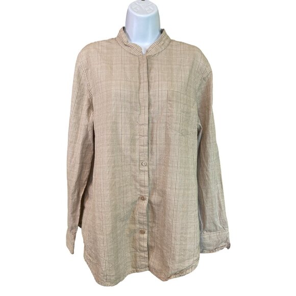 Kim Rogers Womens Gingham Button Up Shirt XL Tan Long Sleeve Preppy Lt Academia - Picture 1 of 6